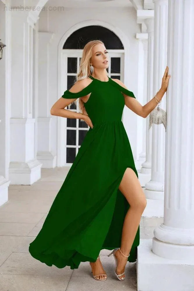 Ladies Chiffon Off Shoulder Swing Sleeve Front Slit Bridesmaid Evening Dress Wedding Party Evening Dress 28117 - Image 169