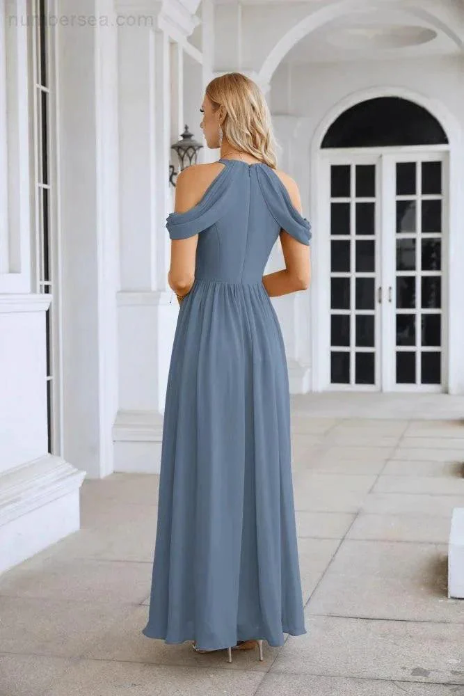 Ladies Chiffon Off Shoulder Swing Sleeve Front Slit Bridesmaid Evening Dress Wedding Party Evening Dress 28117 - Image 171