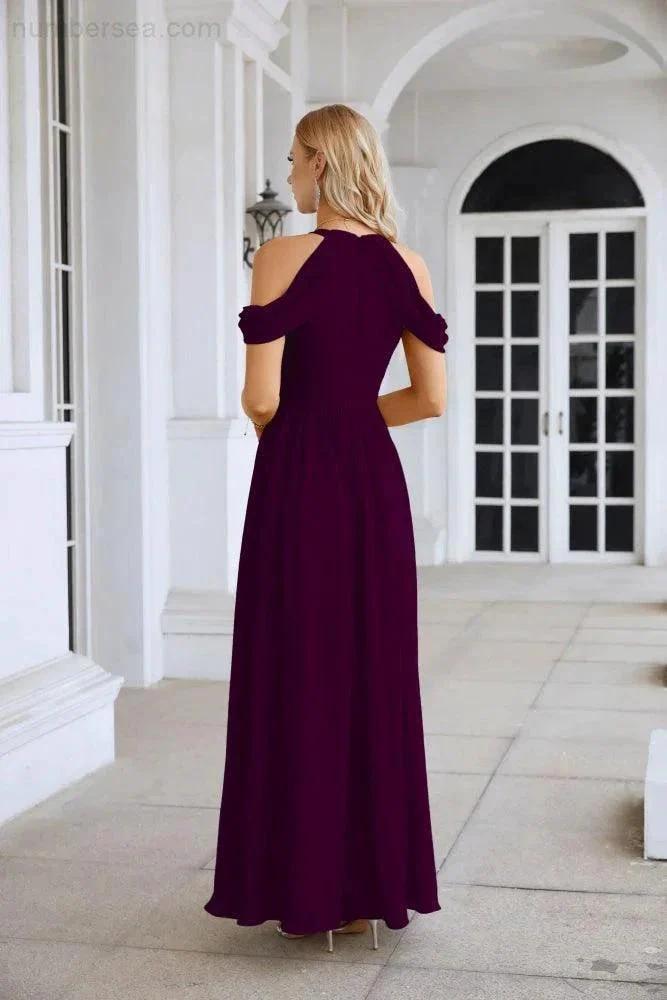 Ladies Chiffon Off Shoulder Swing Sleeve Front Slit Bridesmaid Evening Dress Wedding Party Evening Dress 28117 - Image 175