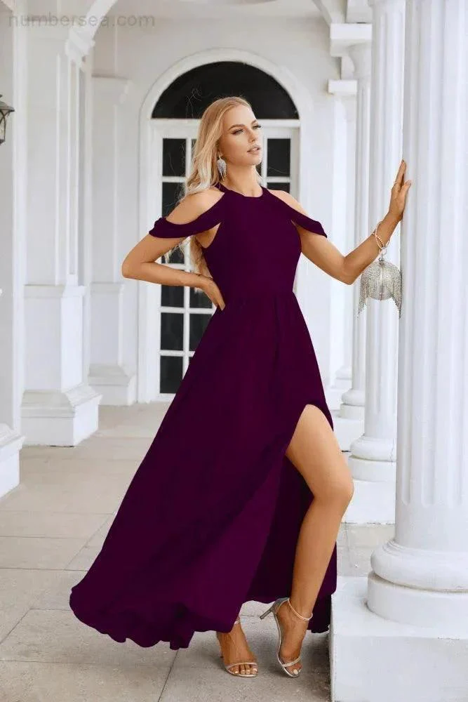 Ladies Chiffon Off Shoulder Swing Sleeve Front Slit Bridesmaid Evening Dress Wedding Party Evening Dress 28117 - Image 177