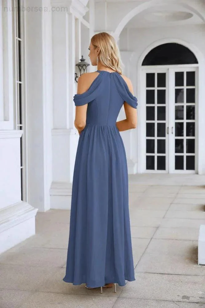 Ladies Chiffon Off Shoulder Swing Sleeve Front Slit Bridesmaid Evening Dress Wedding Party Evening Dress 28117 - Image 187