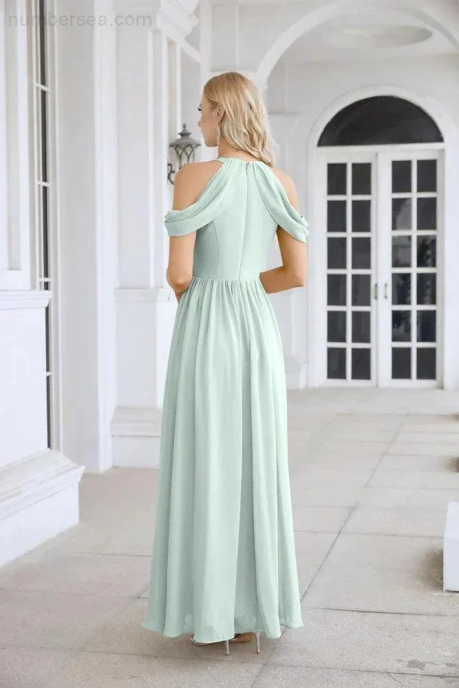 Ladies Chiffon Off Shoulder Swing Sleeve Front Slit Bridesmaid Evening Dress Wedding Party Evening Dress 28117 - Image 195