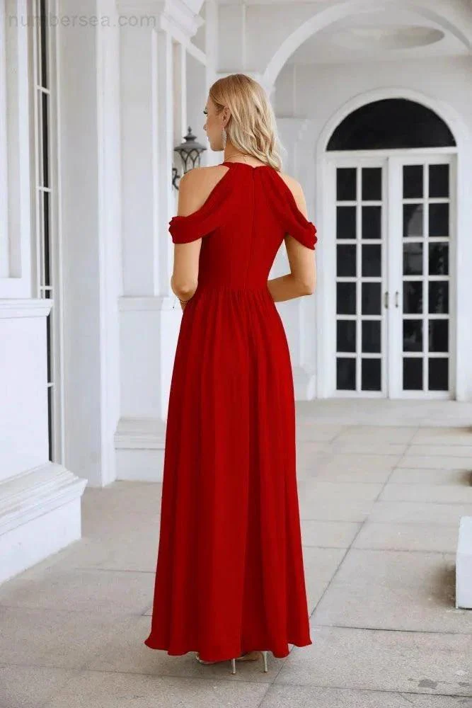 Ladies Chiffon Off Shoulder Swing Sleeve Front Slit Bridesmaid Evening Dress Wedding Party Evening Dress 28117 - Image 2