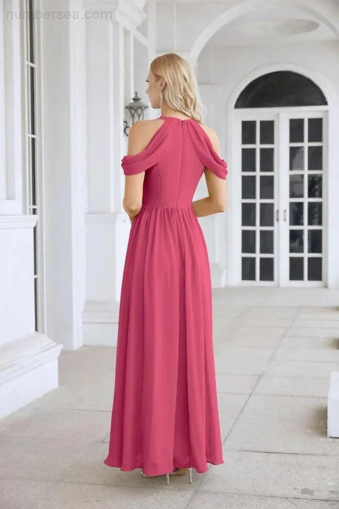 Ladies Chiffon Off Shoulder Swing Sleeve Front Slit Bridesmaid Evening Dress Wedding Party Evening Dress 28117 - Image 207