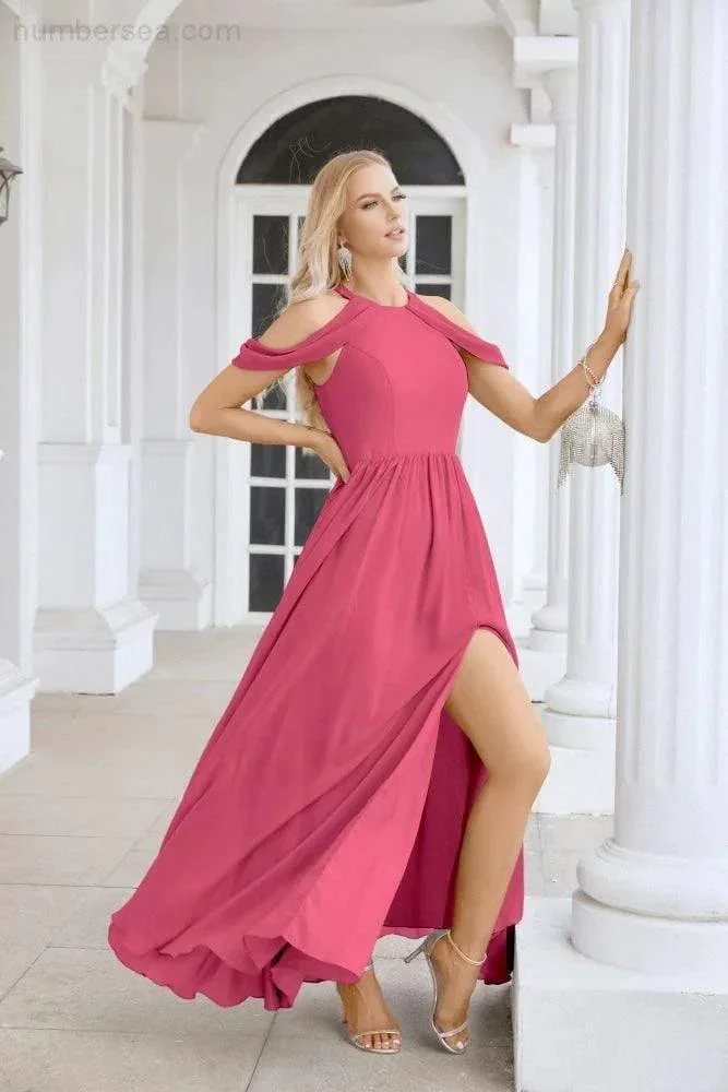 Ladies Chiffon Off Shoulder Swing Sleeve Front Slit Bridesmaid Evening Dress Wedding Party Evening Dress 28117 - Image 208