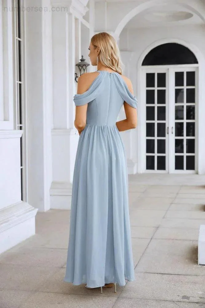 Ladies Chiffon Off Shoulder Swing Sleeve Front Slit Bridesmaid Evening Dress Wedding Party Evening Dress 28117 - Image 211