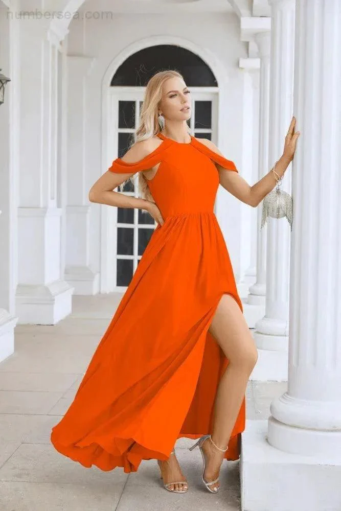 Ladies Chiffon Off Shoulder Swing Sleeve Front Slit Bridesmaid Evening Dress Wedding Party Evening Dress 28117 - Image 31