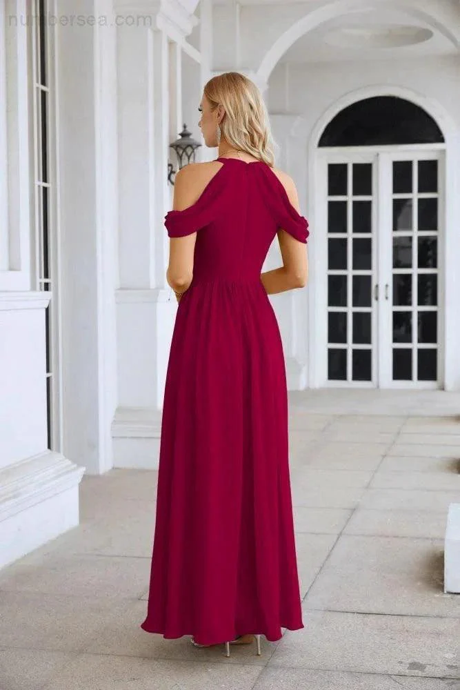 Ladies Chiffon Off Shoulder Swing Sleeve Front Slit Bridesmaid Evening Dress Wedding Party Evening Dress 28117 - Image 38