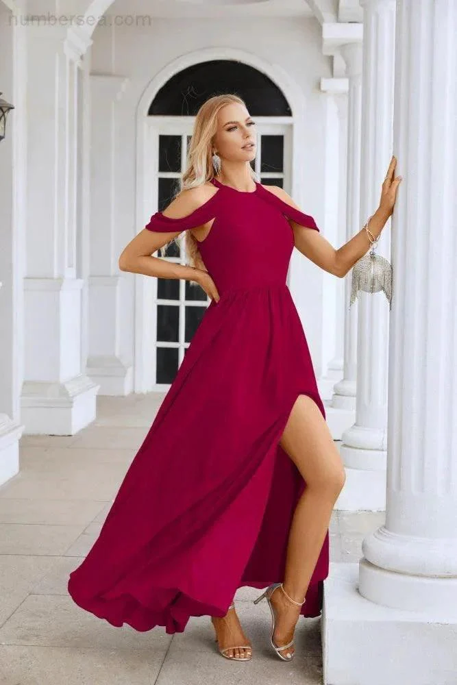 Ladies Chiffon Off Shoulder Swing Sleeve Front Slit Bridesmaid Evening Dress Wedding Party Evening Dress 28117 - Image 39