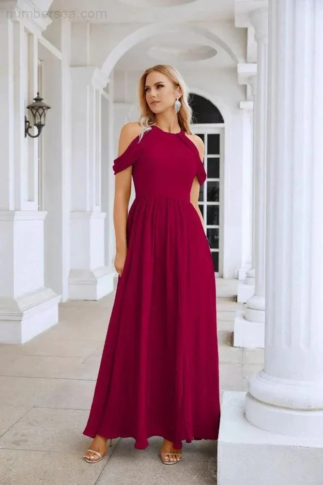 Ladies Chiffon Off Shoulder Swing Sleeve Front Slit Bridesmaid Evening Dress Wedding Party Evening Dress 28117 - Image 40