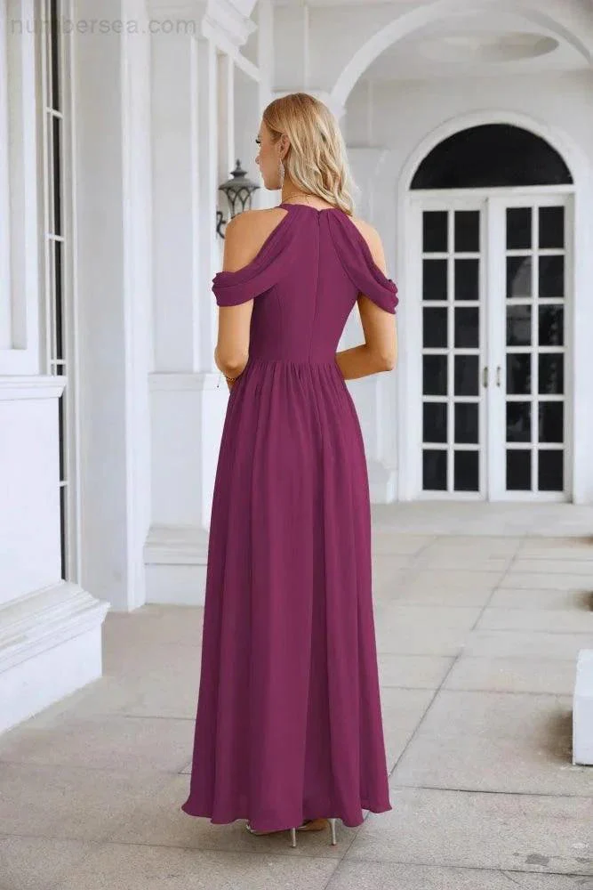 Ladies Chiffon Off Shoulder Swing Sleeve Front Slit Bridesmaid Evening Dress Wedding Party Evening Dress 28117 - Image 42