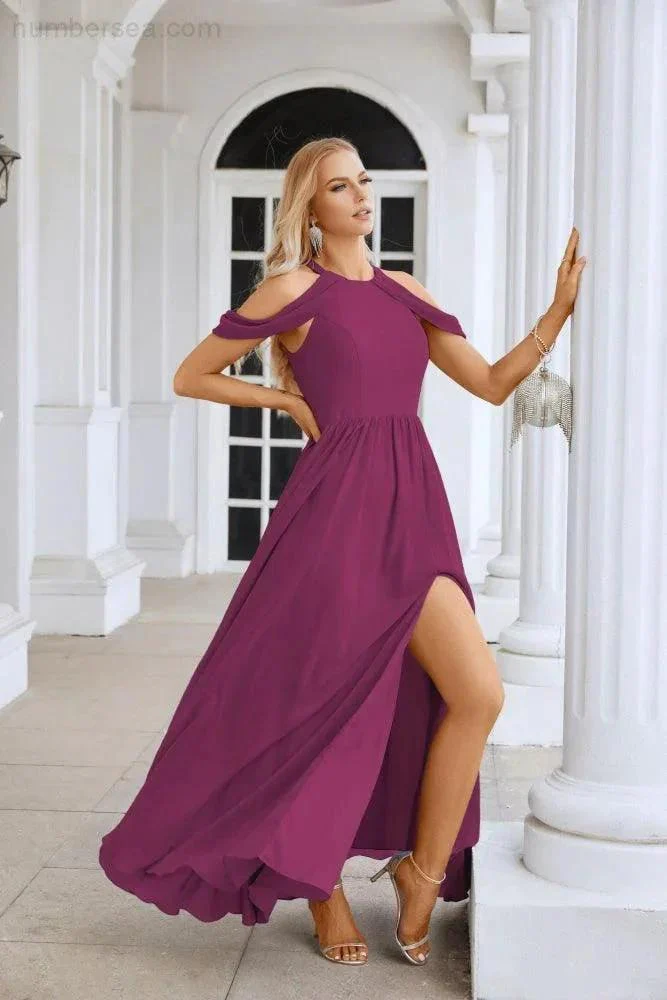 Ladies Chiffon Off Shoulder Swing Sleeve Front Slit Bridesmaid Evening Dress Wedding Party Evening Dress 28117 - Image 43