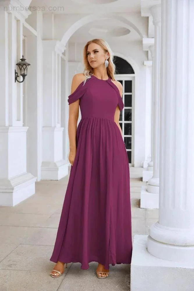 Ladies Chiffon Off Shoulder Swing Sleeve Front Slit Bridesmaid Evening Dress Wedding Party Evening Dress 28117 - Image 44