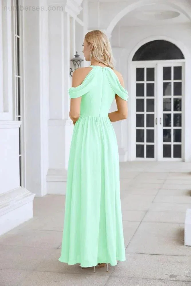 Ladies Chiffon Off Shoulder Swing Sleeve Front Slit Bridesmaid Evening Dress Wedding Party Evening Dress 28117 - Image 50