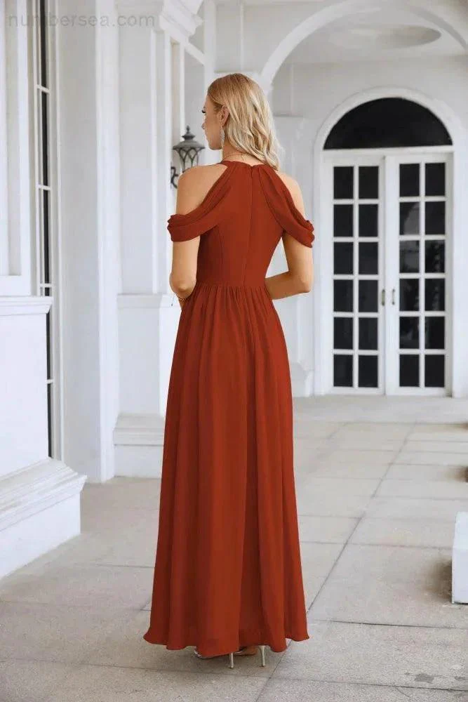 Ladies Chiffon Off Shoulder Swing Sleeve Front Slit Bridesmaid Evening Dress Wedding Party Evening Dress 28117 - Image 54