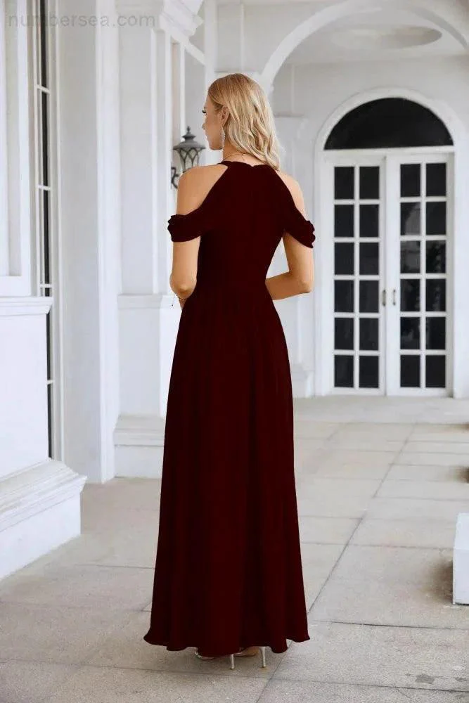 Ladies Chiffon Off Shoulder Swing Sleeve Front Slit Bridesmaid Evening Dress Wedding Party Evening Dress 28117 - Image 58