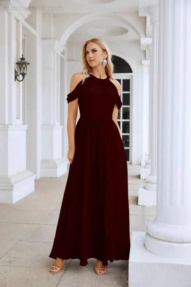 Ladies Chiffon Off Shoulder Swing Sleeve Front Slit Bridesmaid Evening Dress Wedding Party Evening Dress 28117 - Image 60