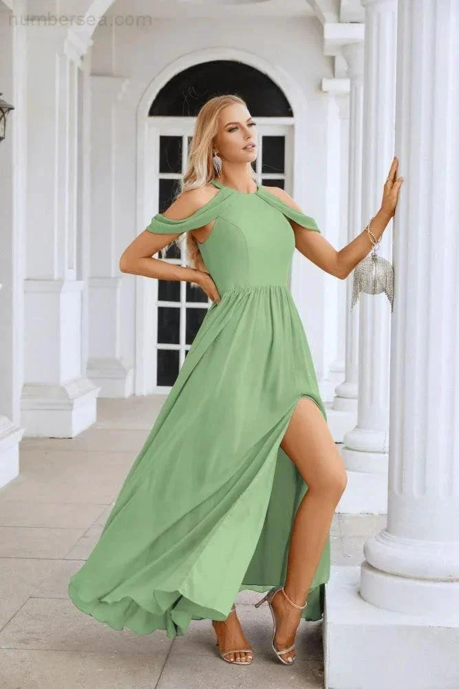 Ladies Chiffon Off Shoulder Swing Sleeve Front Slit Bridesmaid Evening Dress Wedding Party Evening Dress 28117 - Image 63