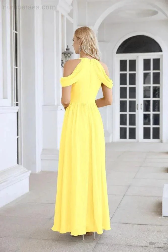 Ladies Chiffon Off Shoulder Swing Sleeve Front Slit Bridesmaid Evening Dress Wedding Party Evening Dress 28117 - Image 70