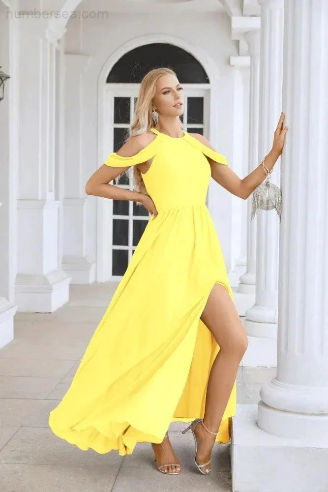 Ladies Chiffon Off Shoulder Swing Sleeve Front Slit Bridesmaid Evening Dress Wedding Party Evening Dress 28117 - Image 72