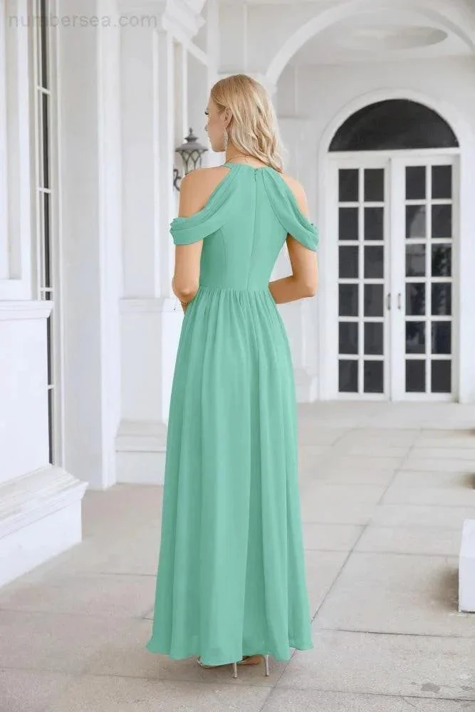 Ladies Chiffon Off Shoulder Swing Sleeve Front Slit Bridesmaid Evening Dress Wedding Party Evening Dress 28117 - Image 74