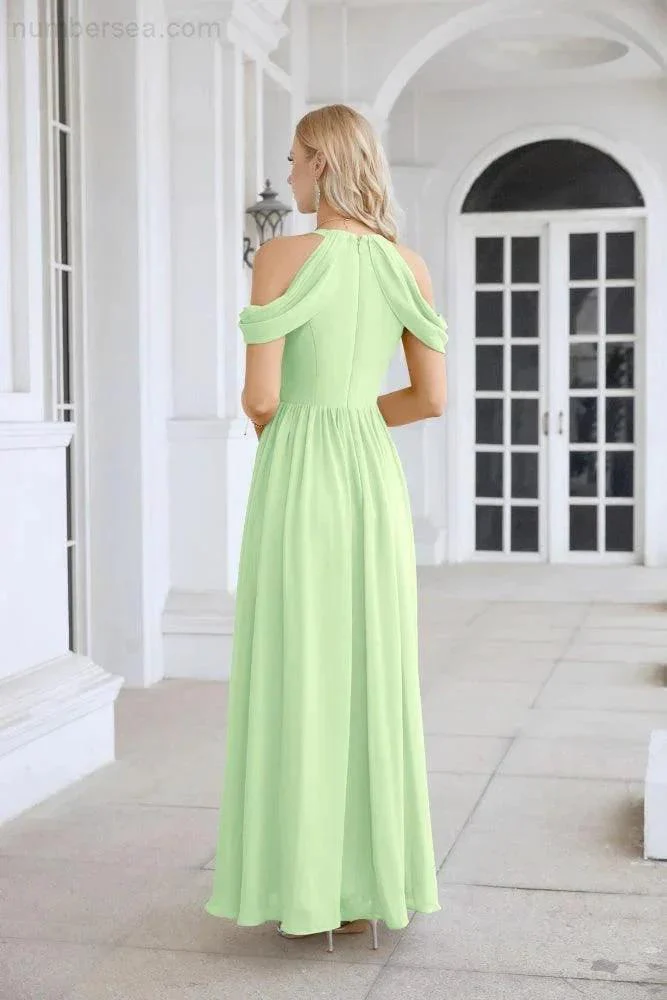 Ladies Chiffon Off Shoulder Swing Sleeve Front Slit Bridesmaid Evening Dress Wedding Party Evening Dress 28117 - Image 86