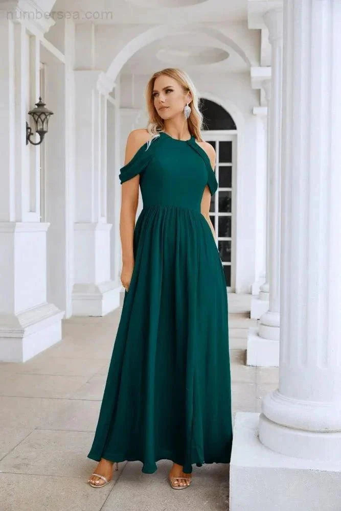 Ladies Chiffon Off Shoulder Swing Sleeve Front Slit Bridesmaid Evening Dress Wedding Party Evening Dress 28117 - Image 91