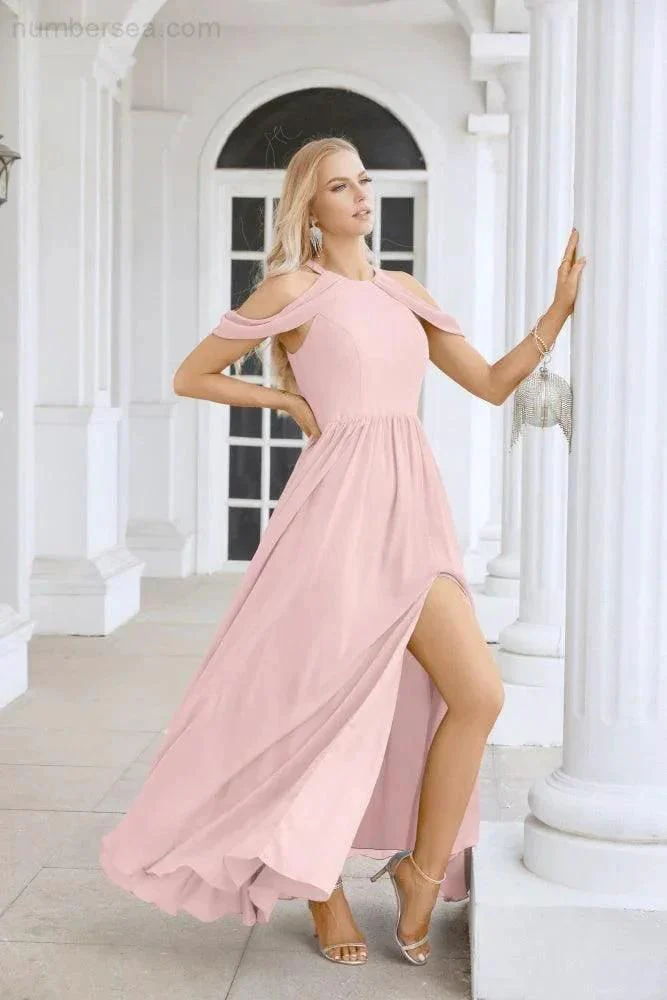 Ladies Chiffon Off Shoulder Swing Sleeve Front Slit Bridesmaid Evening Dress Wedding Party Evening Dress 28117 - Image 96