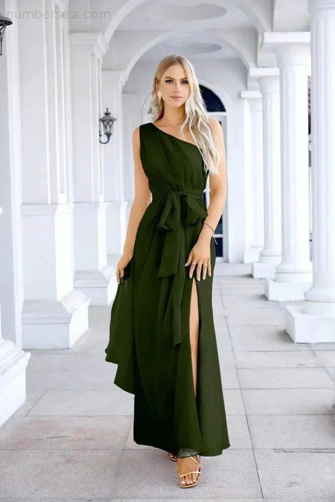 Ladies Chiffon One Shoulder Bridesmaid Evening Dress Wedding Party Evening Dress 28133 - Image 115