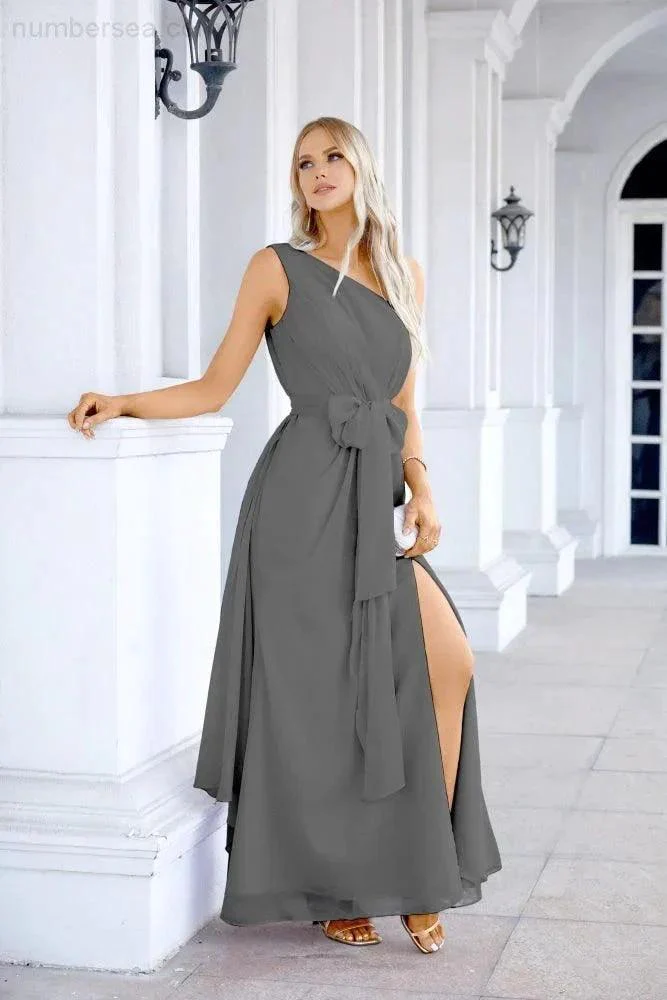 Ladies Chiffon One Shoulder Bridesmaid Evening Dress Wedding Party Evening Dress 28133 - Image 120