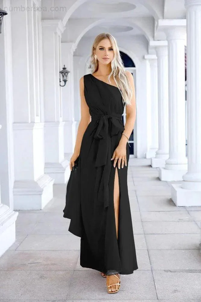 Ladies Chiffon One Shoulder Bridesmaid Evening Dress Wedding Party Evening Dress 28133 - Image 123