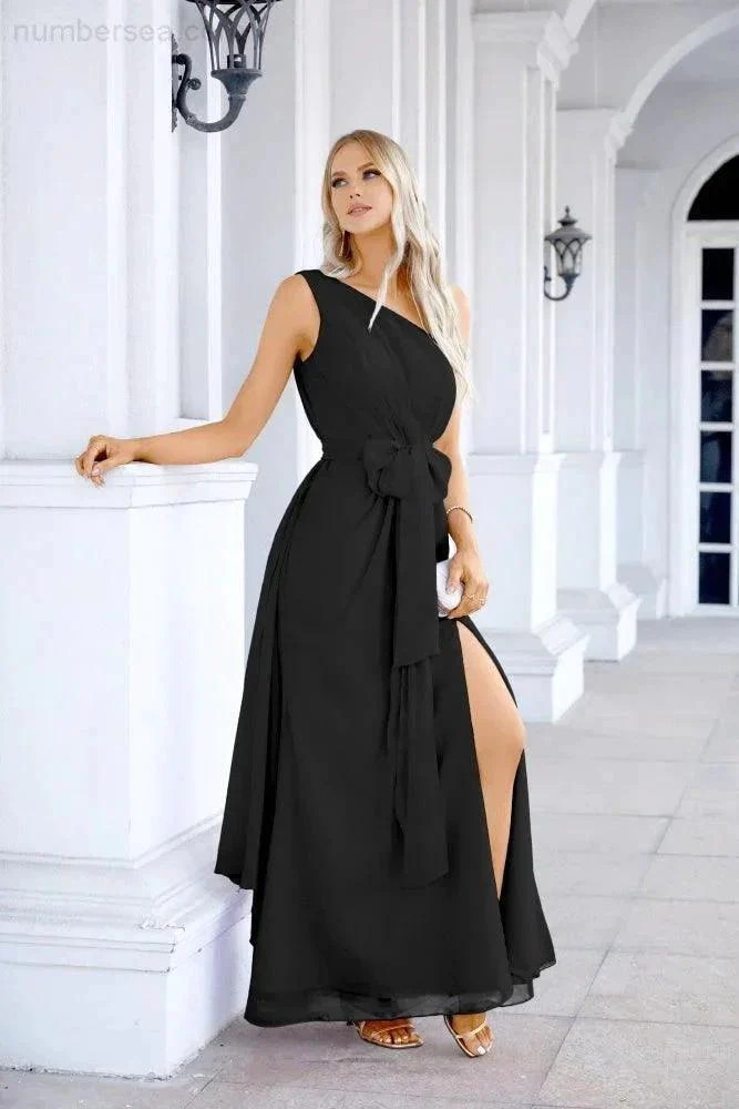 Ladies Chiffon One Shoulder Bridesmaid Evening Dress Wedding Party Evening Dress 28133 - Image 124