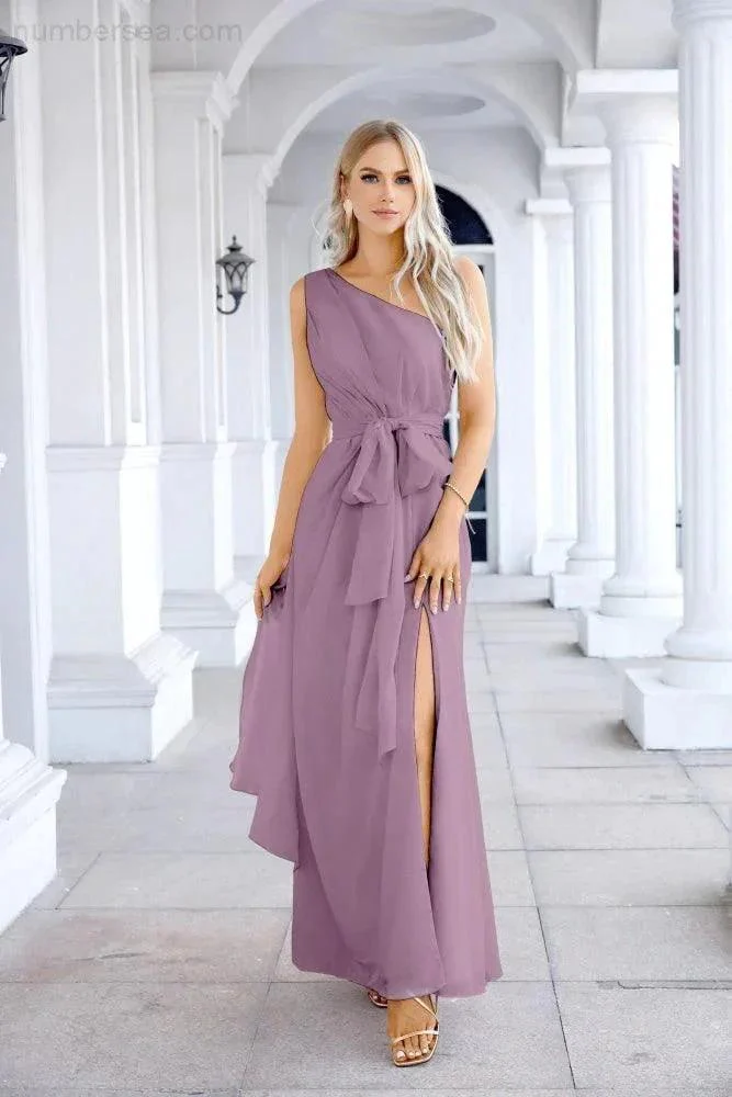 Ladies Chiffon One Shoulder Bridesmaid Evening Dress Wedding Party Evening Dress 28133 - Image 127