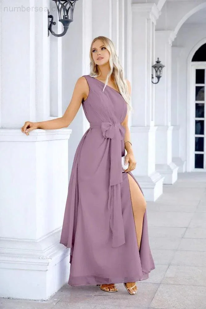 Ladies Chiffon One Shoulder Bridesmaid Evening Dress Wedding Party Evening Dress 28133 - Image 128