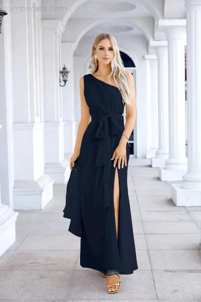 Ladies Chiffon One Shoulder Bridesmaid Evening Dress Wedding Party Evening Dress 28133 - Image 131