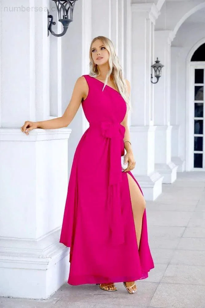 Ladies Chiffon One Shoulder Bridesmaid Evening Dress Wedding Party Evening Dress 28133 - Image 136