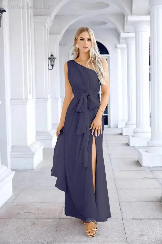 Ladies Chiffon One Shoulder Bridesmaid Evening Dress Wedding Party Evening Dress 28133 - Image 139