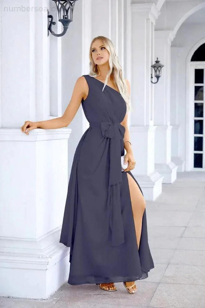 Ladies Chiffon One Shoulder Bridesmaid Evening Dress Wedding Party Evening Dress 28133 - Image 140