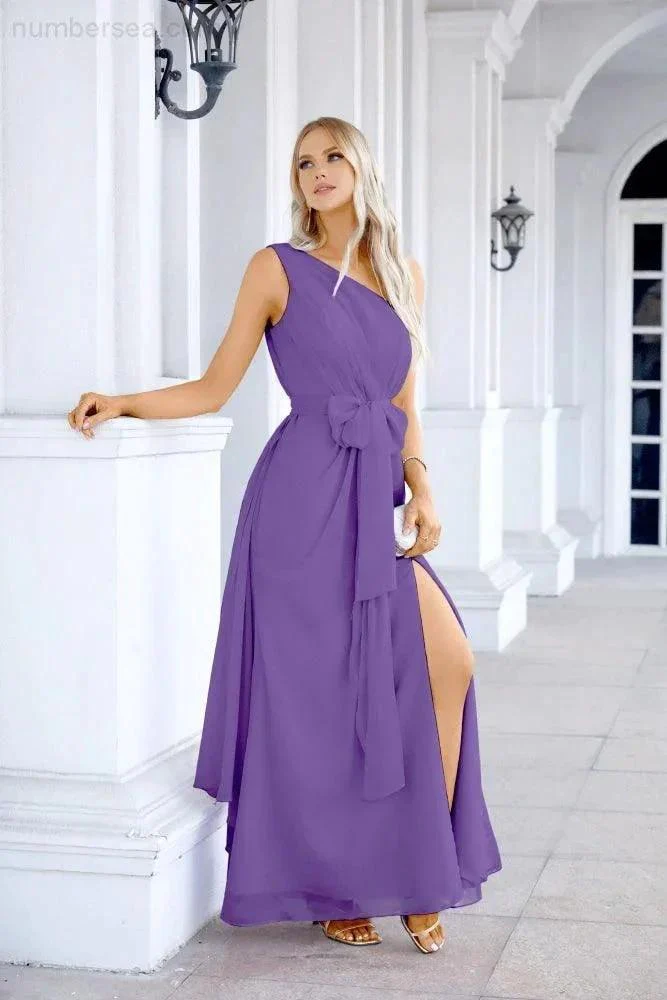 Ladies Chiffon One Shoulder Bridesmaid Evening Dress Wedding Party Evening Dress 28133 - Image 148
