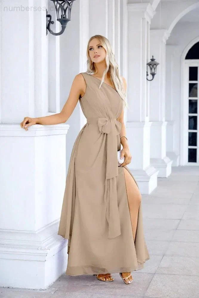 Ladies Chiffon One Shoulder Bridesmaid Evening Dress Wedding Party Evening Dress 28133 - Image 156