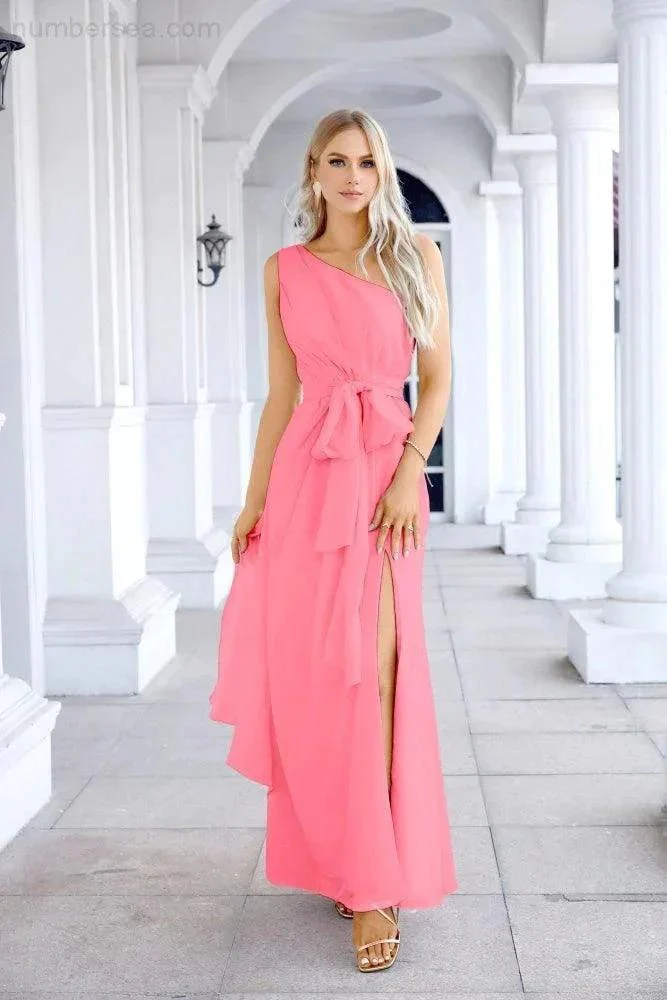 Ladies Chiffon One Shoulder Bridesmaid Evening Dress Wedding Party Evening Dress 28133 - Image 159