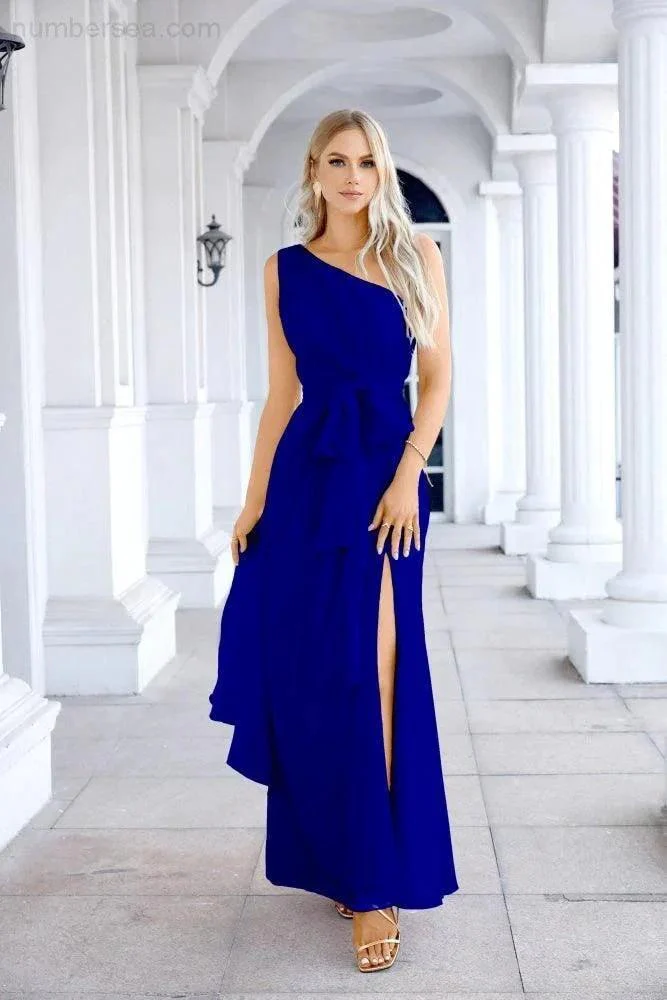 Ladies Chiffon One Shoulder Bridesmaid Evening Dress Wedding Party Evening Dress 28133 - Image 163
