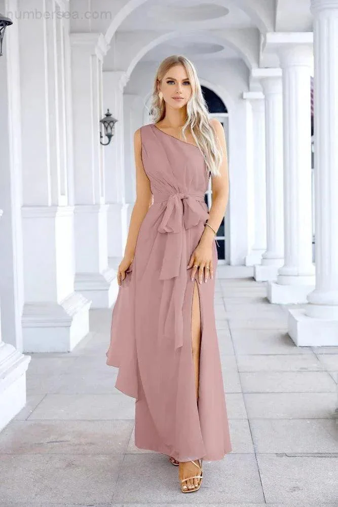 Ladies Chiffon One Shoulder Bridesmaid Evening Dress Wedding Party Evening Dress 28133 - Image 167