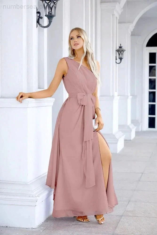 Ladies Chiffon One Shoulder Bridesmaid Evening Dress Wedding Party Evening Dress 28133 - Image 168