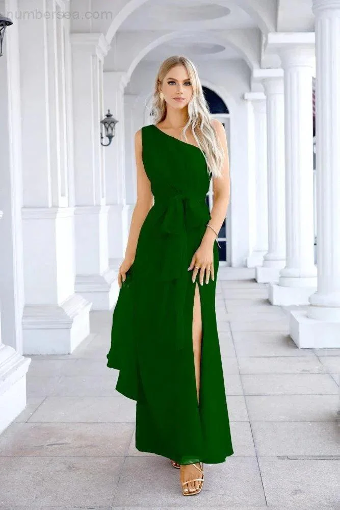 Ladies Chiffon One Shoulder Bridesmaid Evening Dress Wedding Party Evening Dress 28133 - Image 171