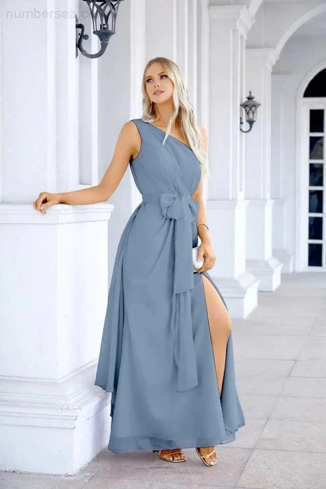 Ladies Chiffon One Shoulder Bridesmaid Evening Dress Wedding Party Evening Dress 28133 - Image 176