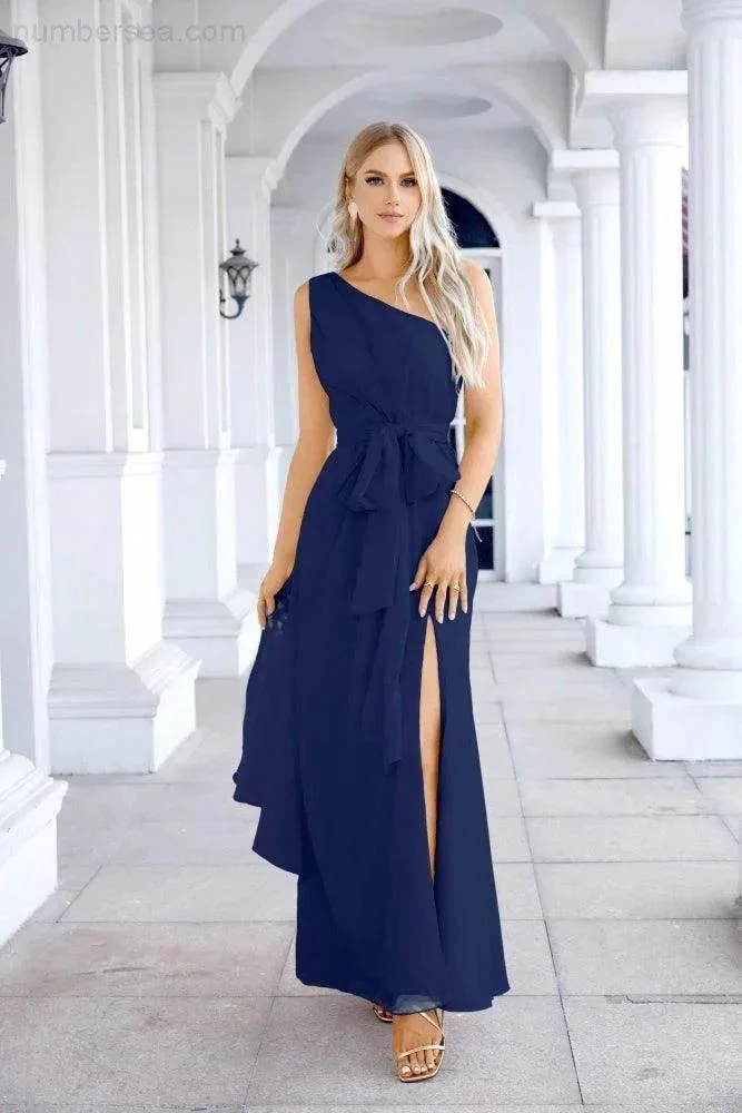 Ladies Chiffon One Shoulder Bridesmaid Evening Dress Wedding Party Evening Dress 28133 - Image 183