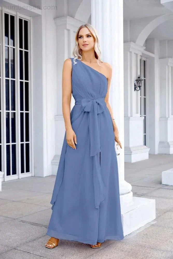 Ladies Chiffon One Shoulder Bridesmaid Evening Dress Wedding Party Evening Dress 28133 - Image 189