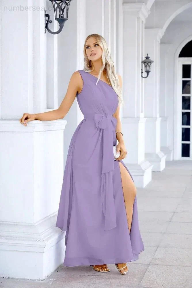 Ladies Chiffon One Shoulder Bridesmaid Evening Dress Wedding Party Evening Dress 28133 - Image 195