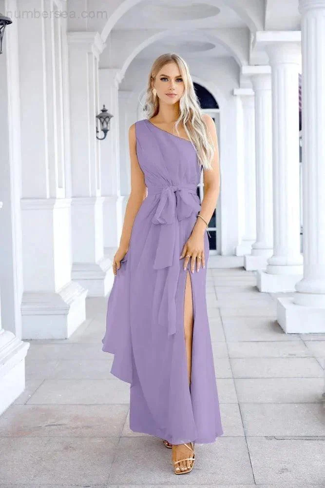 Ladies Chiffon One Shoulder Bridesmaid Evening Dress Wedding Party Evening Dress 28133 - Image 196